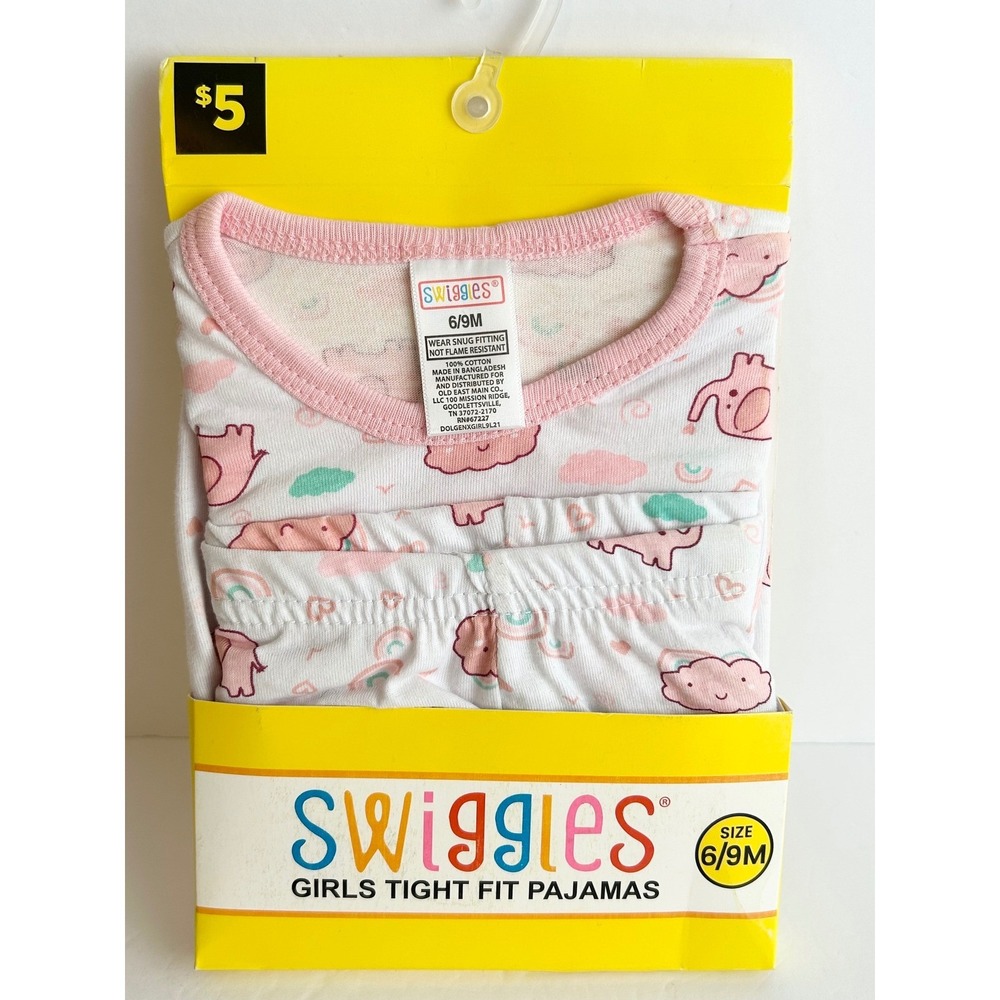 Swiggles Girls Tight Fit Pajamas 2 Piece Set Pink Elephant Rainbow 6/9M New